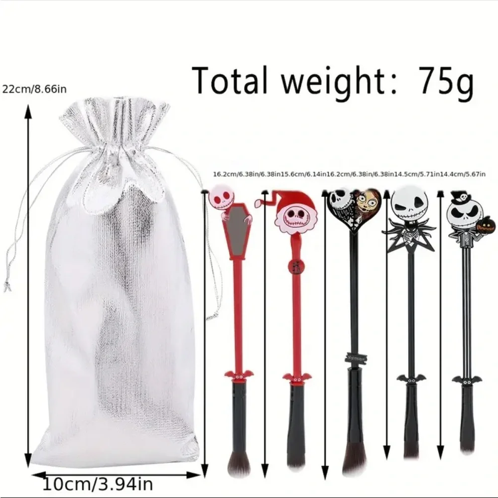 Set of 5 The Nightmare Before Christmas Metal Makeup Brushes with Pouch